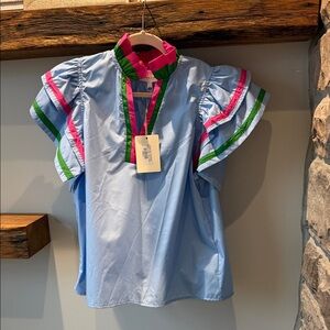entro Light Blue Ruffle Sleeve Top with Pink & Green Trim